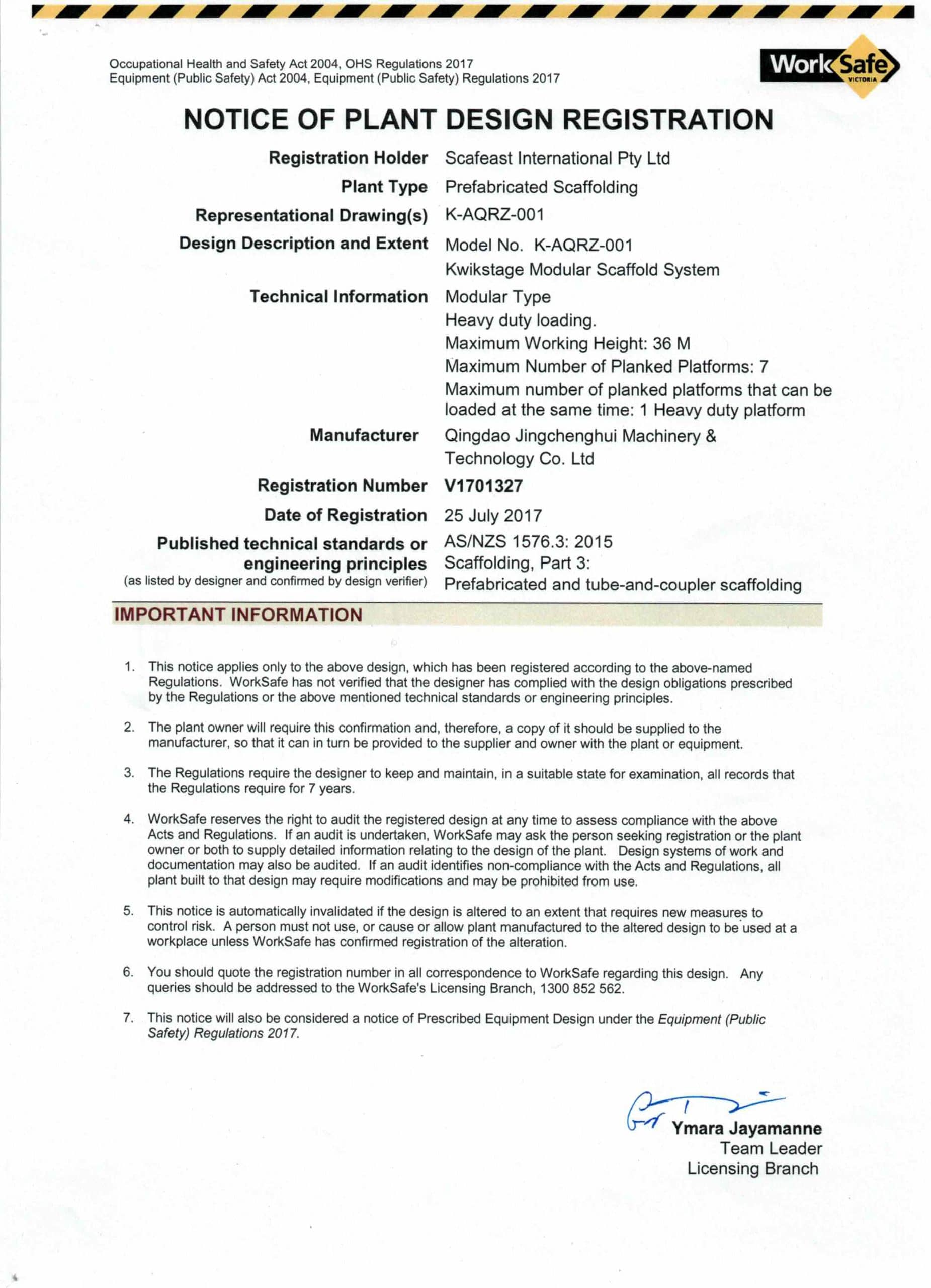 Image of kwikstage worksafe registration